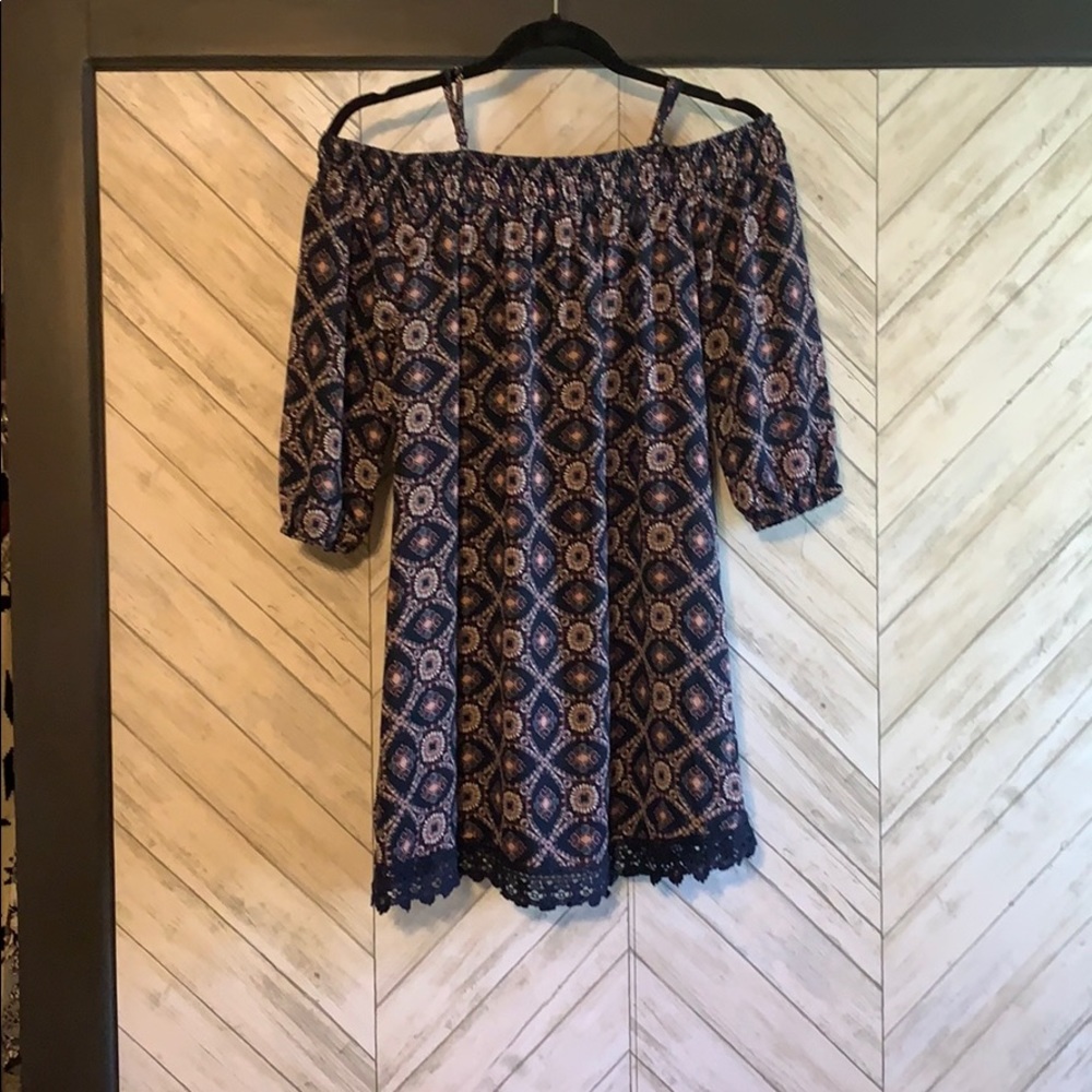 Navy Flowered Off the Shoulder Dress